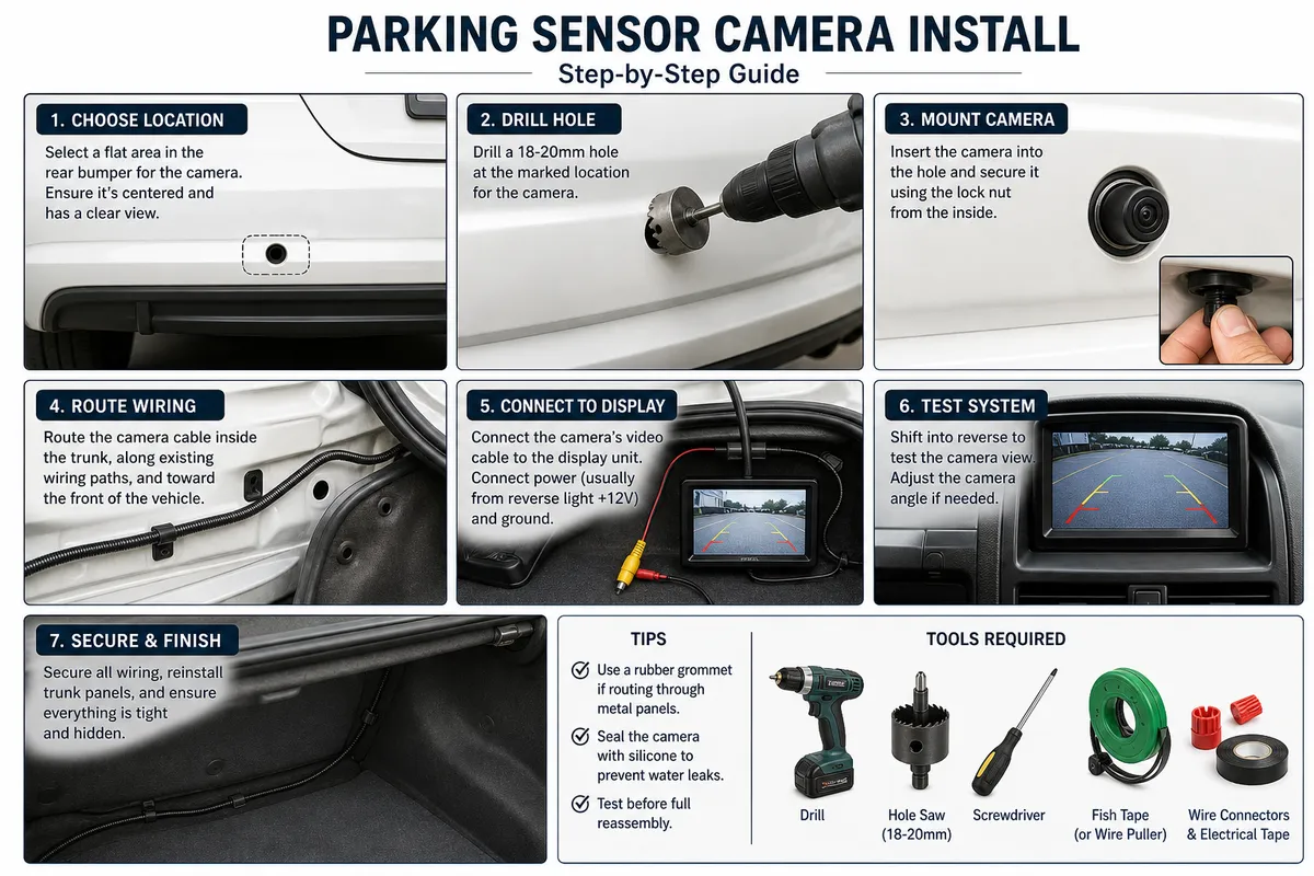 Technician calibrating parking sensors and reverse camera on vehicle after aftermarket installation, 1200x675