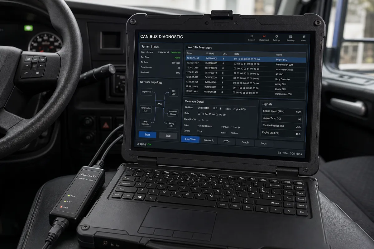 Diagnostic technician reviewing CAN bus scan data on laptop connected to vehicle after multimedia upgrade, 1200x675