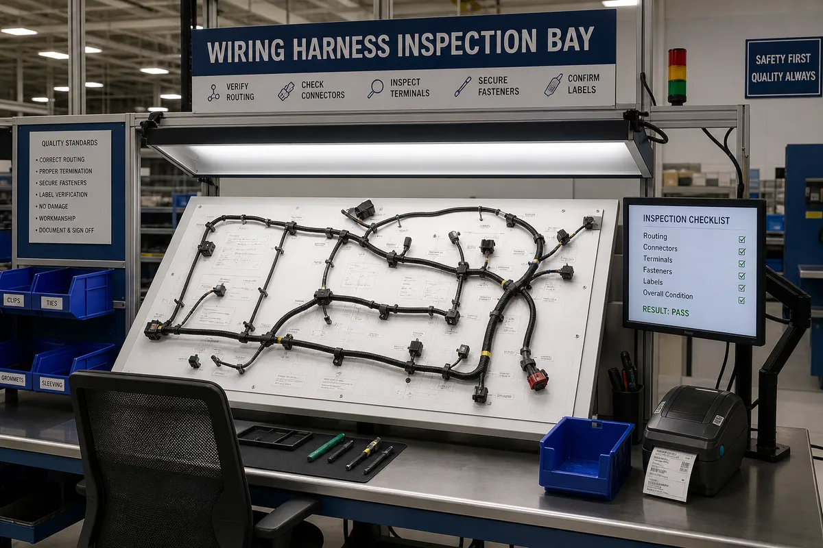 Technician inspecting wiring harness connections after aftermarket alarm installation in service bay, 1200x675